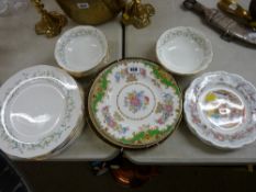 Selection of decorative wall plates, six Royal Kent dinner plates and six matching breakfast bowls