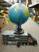 Diecast vehicle storage box in the form of an articulated truck with contents and a light-up desk