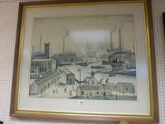 L S LOWRY print - Manchester canal and town scene, 60 x 74 cms