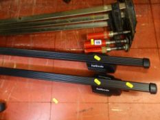 Three metal clamps and a pair of Halfords roof bars