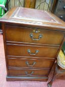 Modern two drawer mahogany leather tooled top filing cabinet with key