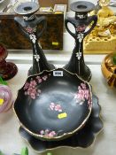 Pair of Shelley china black and rose decorated candlesticks and a non-Shelley bowl and shallow