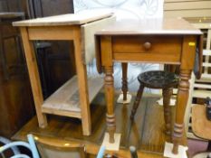 Small single drawer twin flap table with end drawer and a pine single flap two tier table