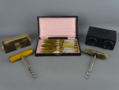 Vintage stereo viewer with a small boxed quantity of sepia slides, two vintage corkscrews and a
