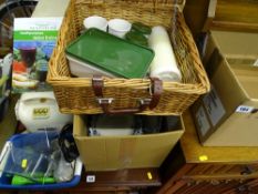 Vintage picnic basket and contents and a box containing Mattstone multi-purpose juice extractor