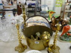 Brass preserve pan with iron swing handle, a pair of brass twist candlesticks and other brassware