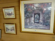 Gilt framed decorative print of a courtyard and two HOWELL MITCHELL prints - Llandudno