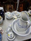 Pretty blue and white wash jug and basin set and a parcel of blue and white teaware