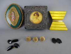 Silver mounted trinket box , a two part Art Deco bakelite buckle and a gilt mounted example with