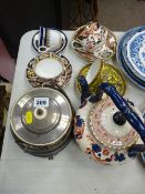 Three early Crown Derby cabinet cups and saucers, Worcester, electroplate and porcelain Staffs