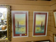 R RAYMOND pair of atmospheric watercolours - sailing boats in an evening sky