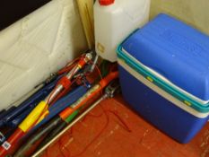 Selection of long handled garden tools including pruner, thermos, coolbox and 10L water carrier