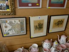 Two vintage colour prints of Chester and a small reproduction coloured map of North Wales