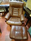 Modern brown leather easy recliner chair and footstool