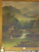 A ALLEN oil on canvas - fast running river with mill and mountainscape, signed, 93 x 75 cms