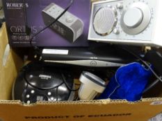 Box containing Roberts Ortus III clock radio, Konig radio, Omega RCD-4 CD player etc E/T