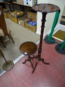 Small circular topped tripod occasional table and a mahogany torchere