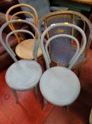 Two painted bentwood chairs, a stripped wood chair and a basket weave chair