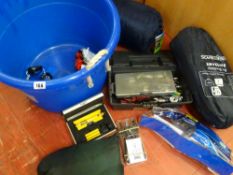 Blue tub containing small toolbox with contents of spanners, sockets etc, Halfords sleeping bag etc