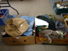 Two boxes of clothing, canvas bags, leather riding crop with white metal mounts etc