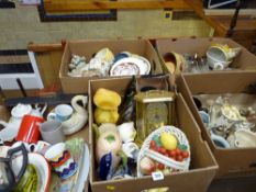 Five boxes of mixed porcelain, metalware, barometer etc