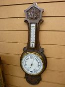 Vintage oak mounted barometer with thermometer