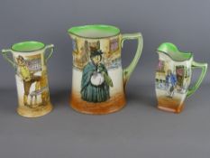 Three Royal Doulton series ware items including a 'Sairey Gamp' jug, an old 'Peggoty' jug and a 'Sam