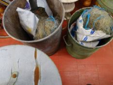 Galvanized waste bin with quantity of netting and a smaller with quantity of rope and netting