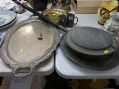 Large pewter plate with touch marks to the front, a twin handled plated serving tray etc