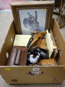 ALBRECHT DURER print - young hare and a box of good treen ware including bookends, tea caddy etc