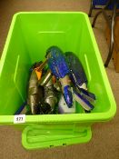 Plastic crate containing two laser tag game guns etc