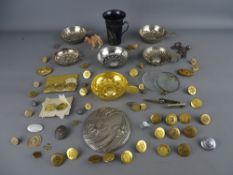 Mixed box of collectables including a Continental silver beaker with bird decoration, a quantity
