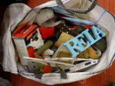 White canvas bag containing various wooden model boats and other items etc