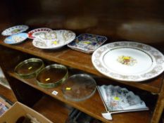 Parcel of mixed porcelain and glassware (on two shelves) including heavy glass circular plinths