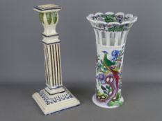 Early creamware candlestick (chipped) and a Copeland late Spode reticulated vase