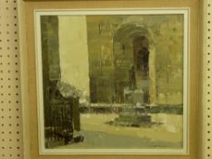 WILLIAM SELWYN oil on board - Castle Square, Caernarfon with David Lloyd George monument, 33 x 34