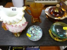 Caithness glass paperweight inscribed 'Playtime', a desk magnifier and other decorative glassware