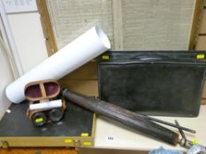 Vintage attache case, parasol, a silver topped regimental swagger stick, Backgammon set,