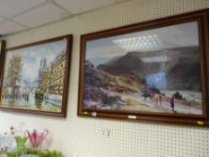 N SPENCE oil on canvas - Manchester city centre scene, 60 x 89 cms and S R PERCY print - The Conwy