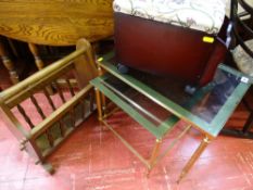 Nest of two brass and glass side tables, wooden magazine rack etc