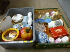 Box and a crate of vintage china and collectables including an OXO cube tin, early plastic