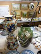 Large Victorian hand painted pottery vase/stickstand with contents and a twin handled vase on