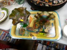 Pair of carnival glass pedestal dishes and a vintage metal tray with harbour scene