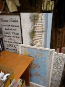 Good modern furnishing prints and a framed map of the world