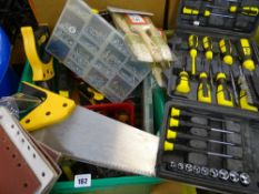 Plastic tub containing garage items - small saw, two cases of screw fixings and a cased Rolson