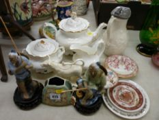 Mixed selection of Victorian and other tableware, a relief decorated pewter lidded jug etc