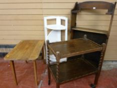 Three shelf bookcase, modern white three shelf corner unit, an oak two tier barley twist trolley and