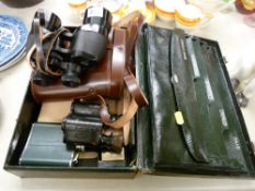 Vintage writing case, a pair of Ross, London 15x40 binoculars in carry case etc