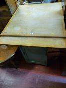 Stripped top drawer leaf table with blue painted lower base and interior cupboard