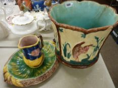 Majolica pottery planter, jug and a bread plate